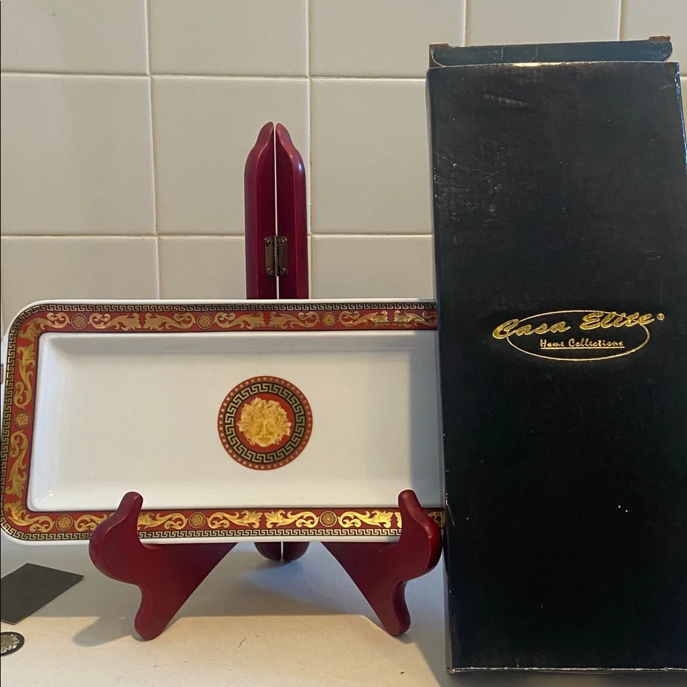 🌺Juno Fine Porcelain By Casa Elite Rectangular Tray - 12” Red and Gold